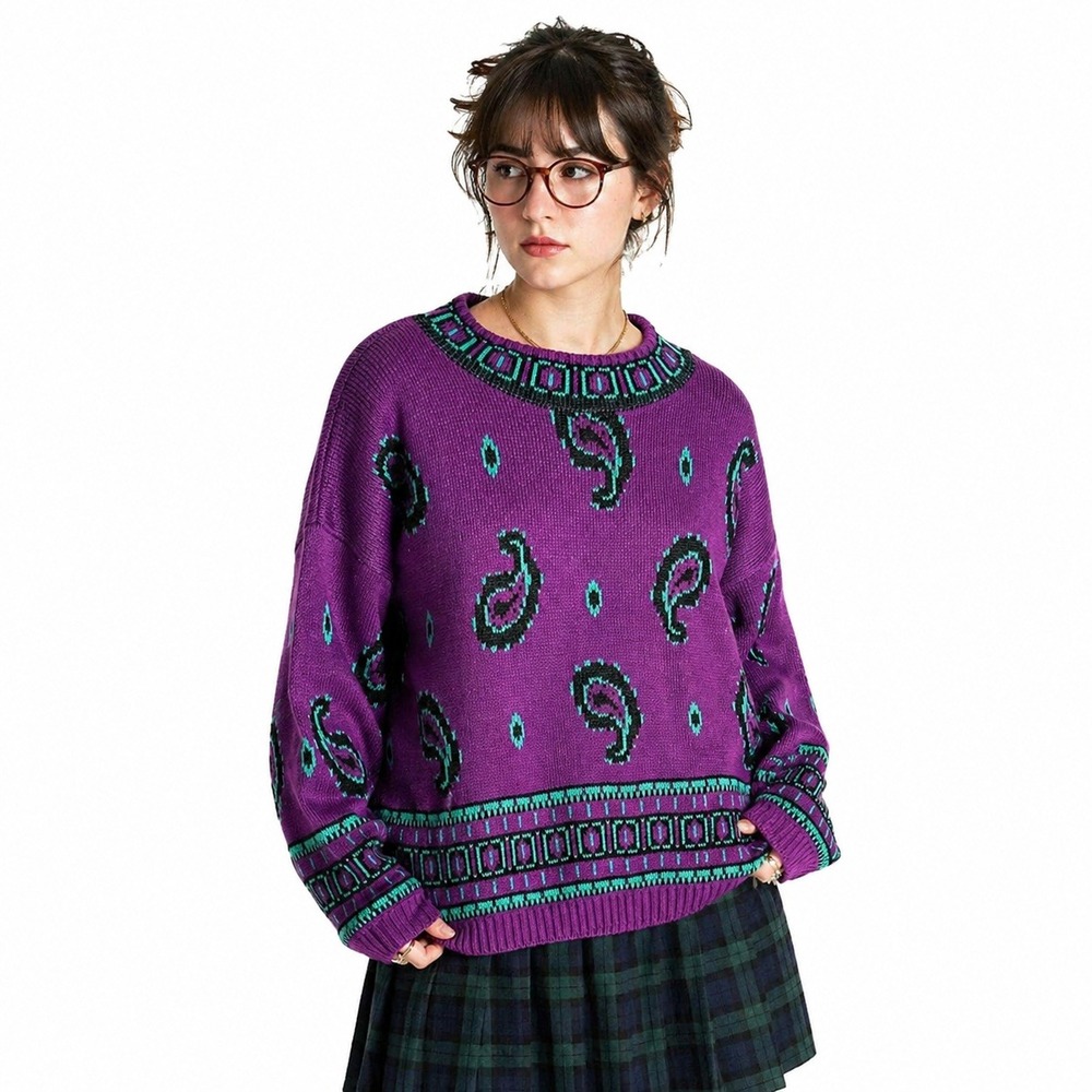 Honors Plus Womens Vintage 90s Paisley Knit Sweater Purple XL Retro Pullover